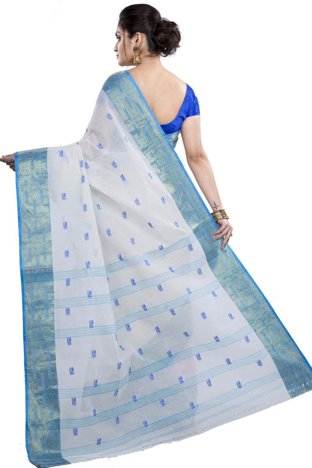 White Sky Pure Cotton SqureButi Tant Saree (795)